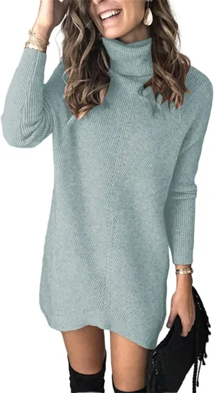 Womens Turtleneck Long Sleeve Pullover Sweater Dress Fall Winter Long Tunic Ribbed Knit Sweaters Warm Knitting Tops
