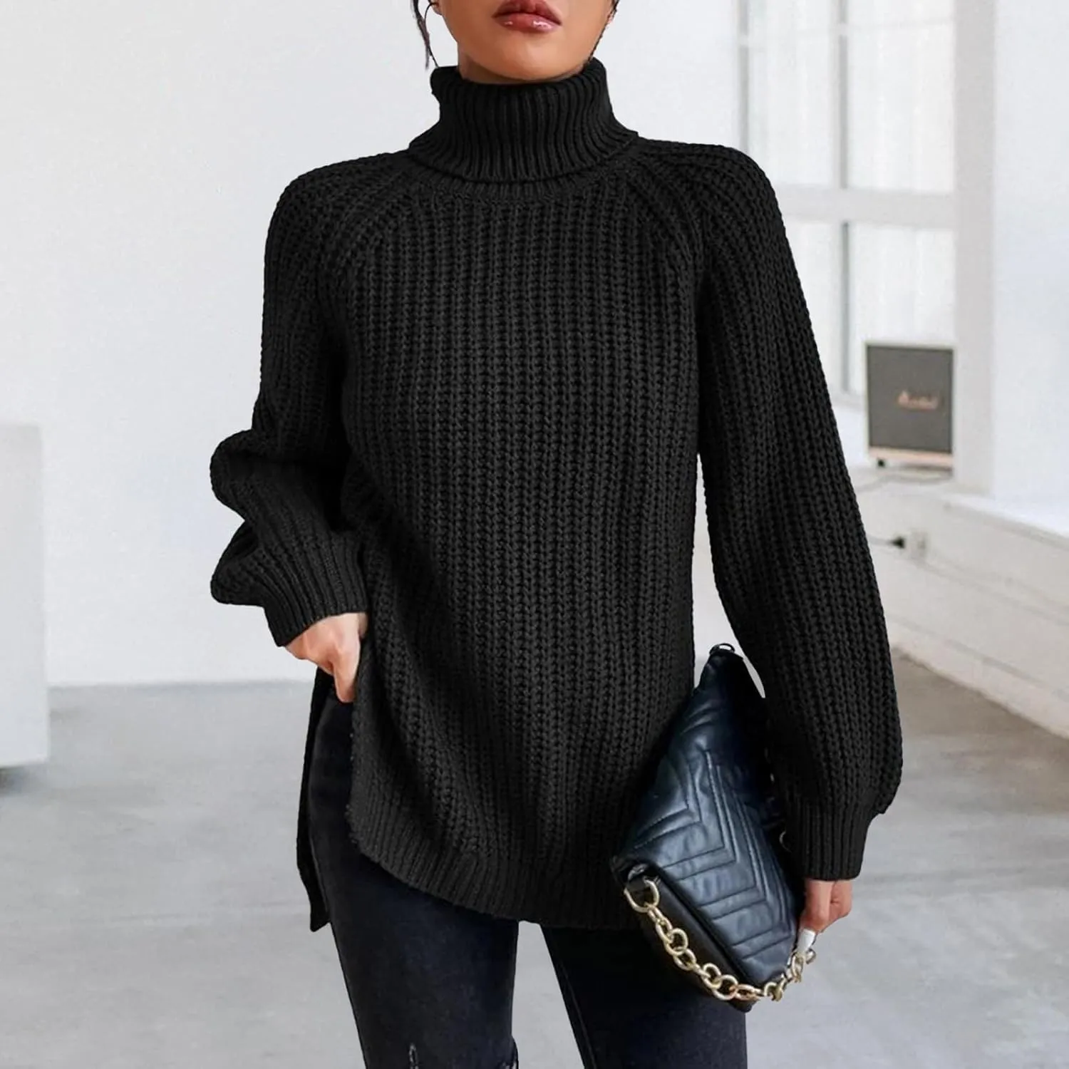 Women's Turtleneck Pullover Sweaters 2024 Oversized Long Sleeve High Neck Knitted Casual Fall Winter Tops Sweaters