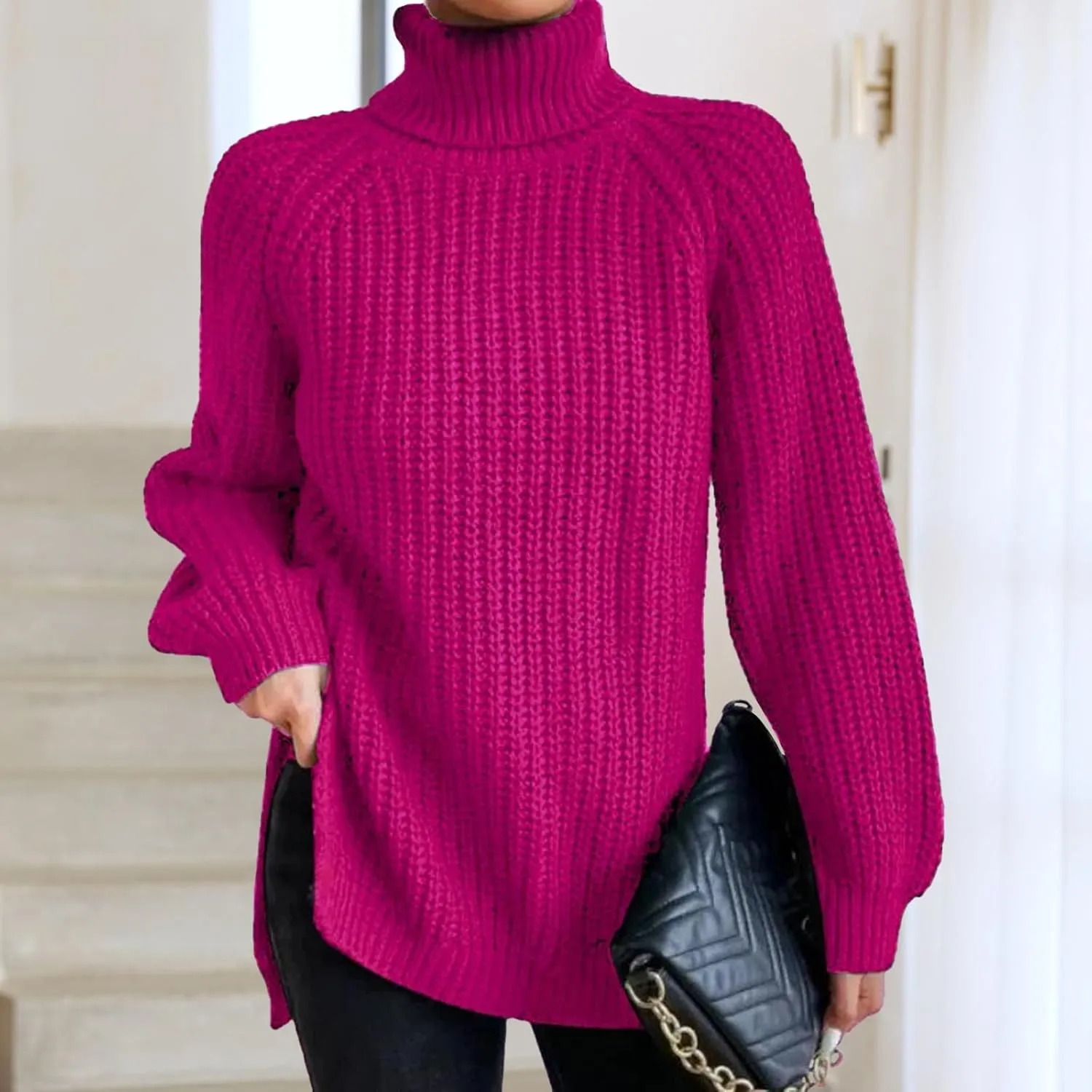 Women's Turtleneck Pullover Sweaters 2024 Oversized Long Sleeve High Neck Knitted Casual Fall Winter Tops Sweaters