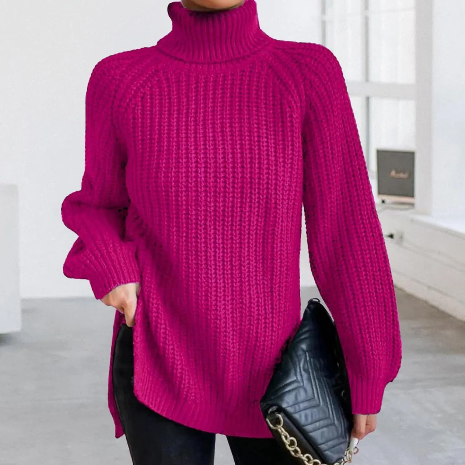Women's Turtleneck Pullover Sweaters 2024 Oversized Long Sleeve High Neck Knitted Casual Fall Winter Tops Sweaters