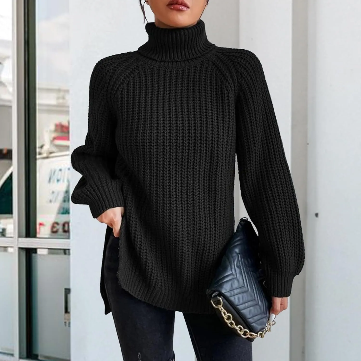 Women's Turtleneck Pullover Sweaters 2024 Oversized Long Sleeve High Neck Knitted Casual Fall Winter Tops Sweaters