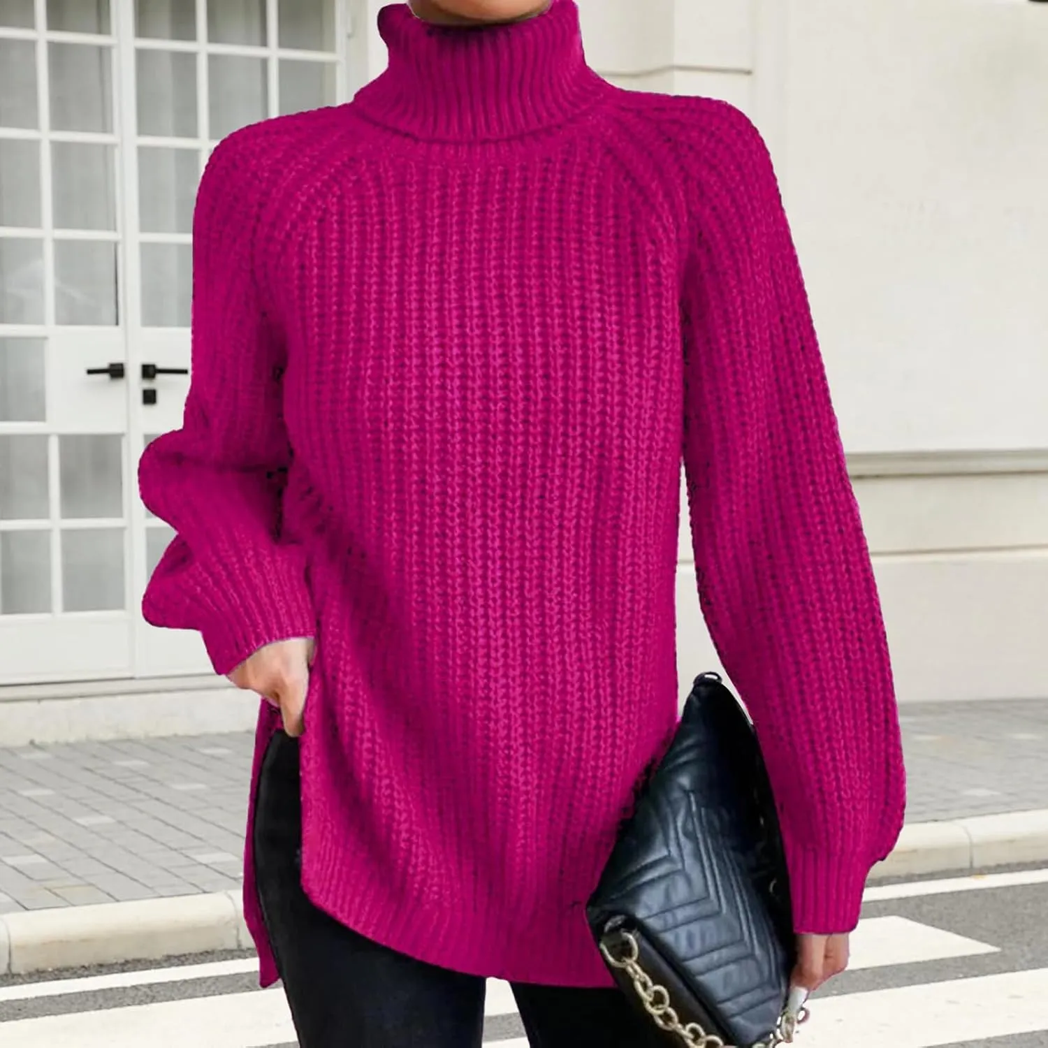 Women's Turtleneck Pullover Sweaters 2024 Oversized Long Sleeve High Neck Knitted Casual Fall Winter Tops Sweaters