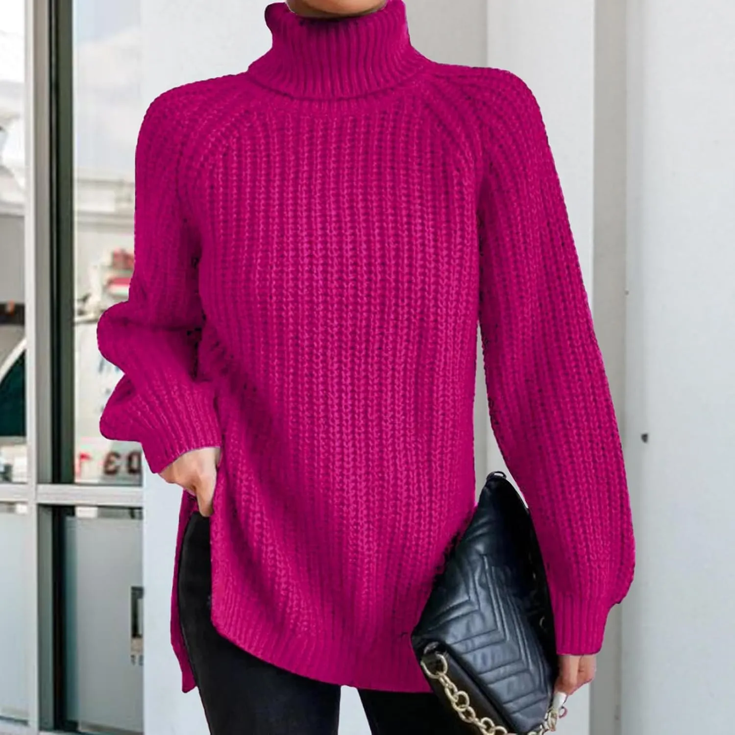 Women's Turtleneck Pullover Sweaters 2024 Oversized Long Sleeve High Neck Knitted Casual Fall Winter Tops Sweaters