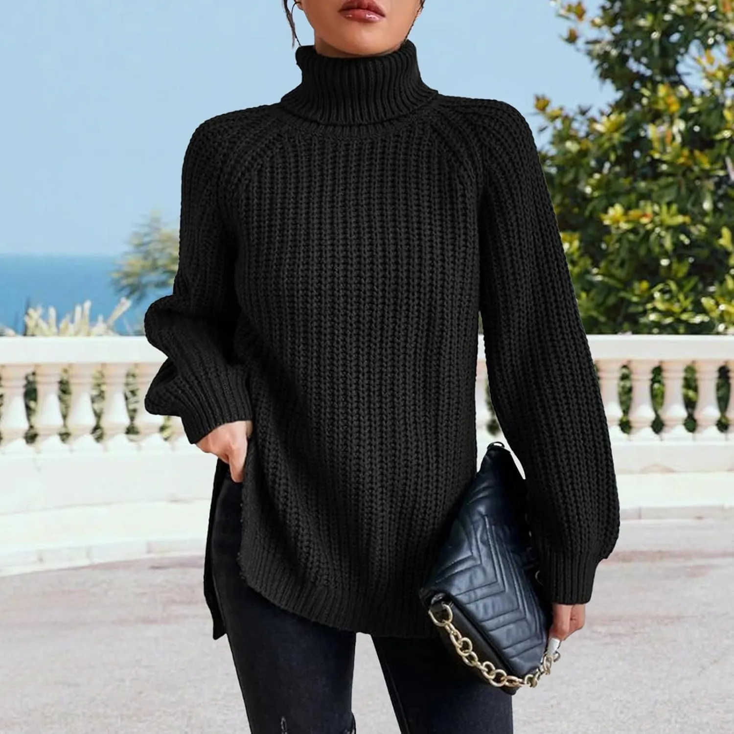 Women's Turtleneck Pullover Sweaters 2024 Oversized Long Sleeve High Neck Knitted Casual Fall Winter Tops Sweaters