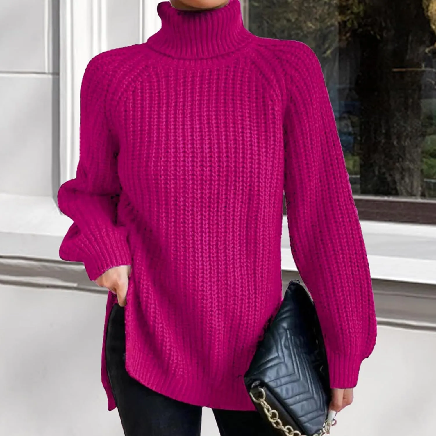Women's Turtleneck Pullover Sweaters 2024 Oversized Long Sleeve High Neck Knitted Casual Fall Winter Tops Sweaters