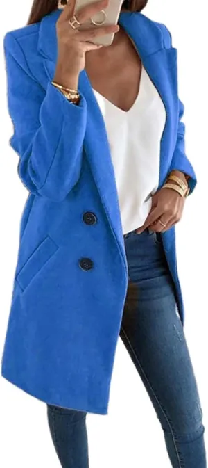 Womens Warm Winter Coat Double-Breasted Wool Blend Peacoat Fashion Notched Collar Overcoat