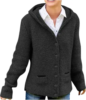 Women's Winter Button Down Soft Hoodies Cardigan Sweater Trendy Long Sleeve Solid Knitted Outwear Coat with Pocket