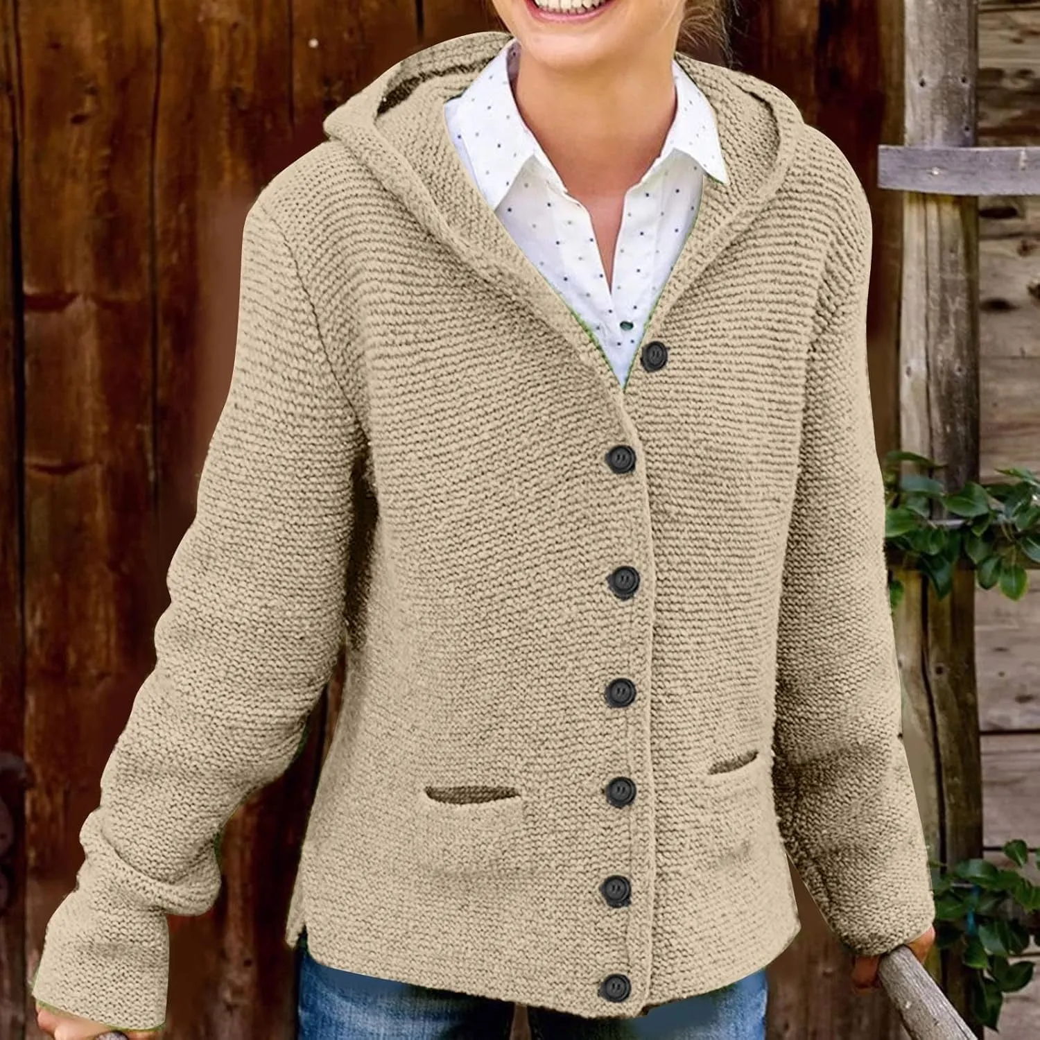 Women's Winter Button Down Soft Hoodies Cardigan Sweater Trendy Long Sleeve Solid Knitted Outwear Coat with Pocket