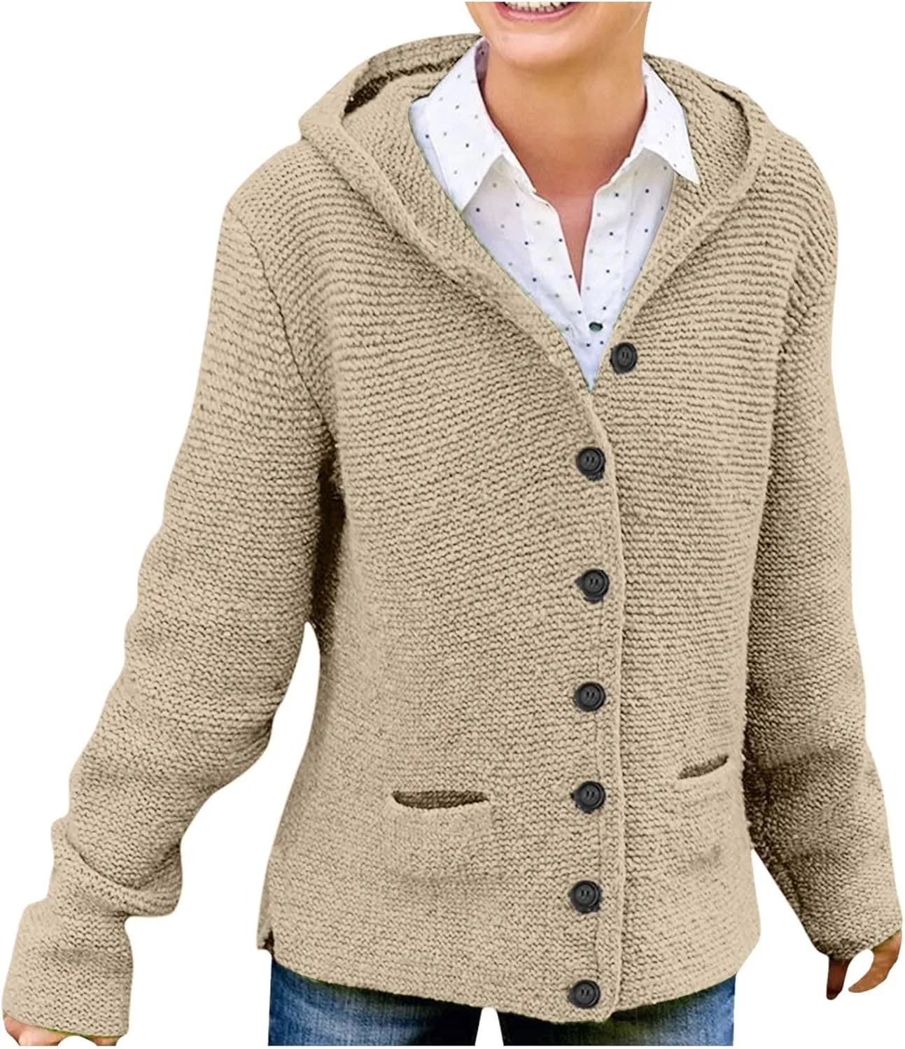 Women's Winter Button Down Soft Hoodies Cardigan Sweater Trendy Long Sleeve Solid Knitted Outwear Coat with Pocket