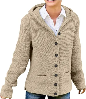 Women's Winter Button Down Soft Hoodies Cardigan Sweater Trendy Long Sleeve Solid Knitted Outwear Coat with Pocket