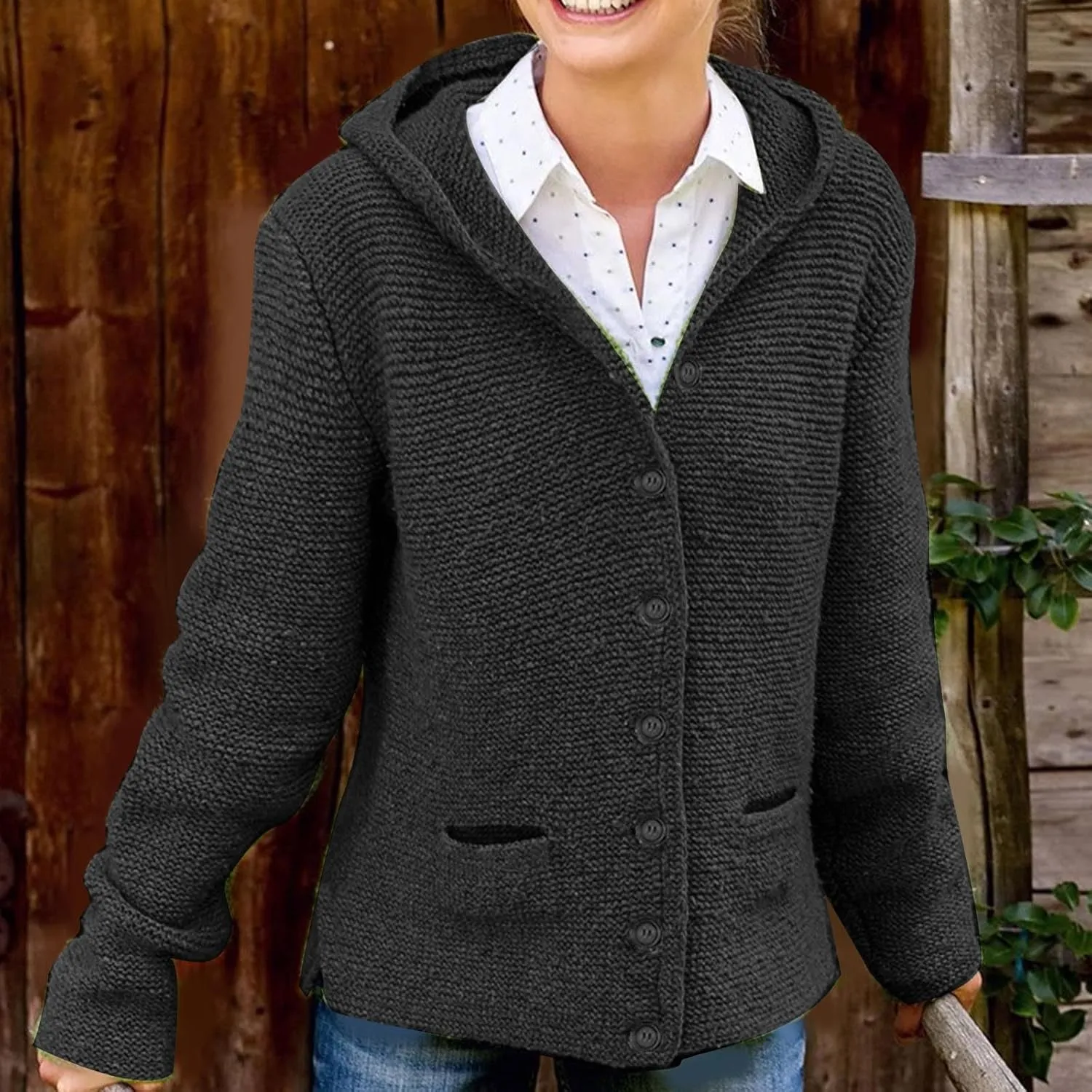 Women's Winter Button Down Soft Hoodies Cardigan Sweater Trendy Long Sleeve Solid Knitted Outwear Coat with Pocket