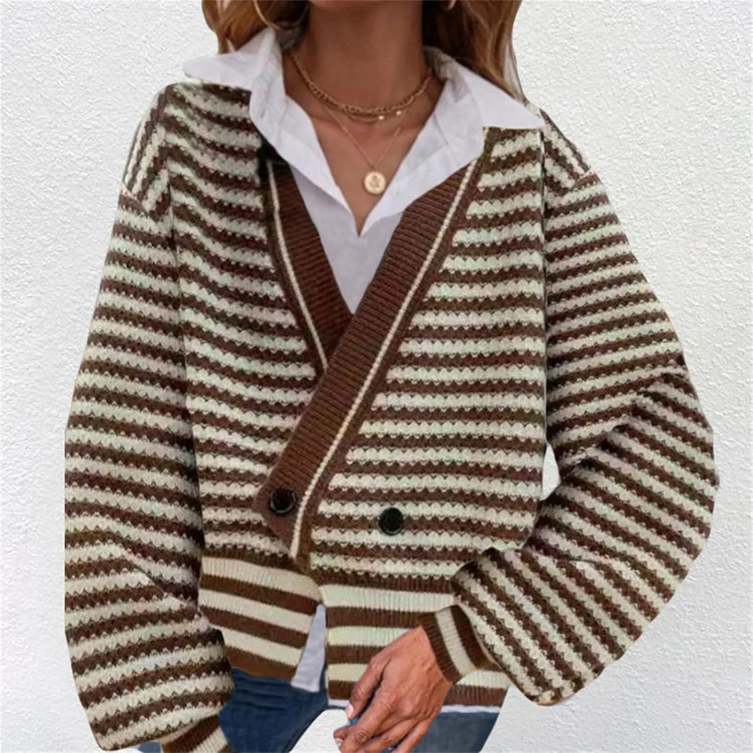 Womens Winter Casual Striped Long Sleeve Sweaters Oversized V Neck Button Down Sweater Top Drop Shoulder Outerwear