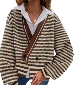 Womens Winter Casual Striped Long Sleeve Sweaters Oversized V Neck Button Down Sweater Top Drop Shoulder Outerwear