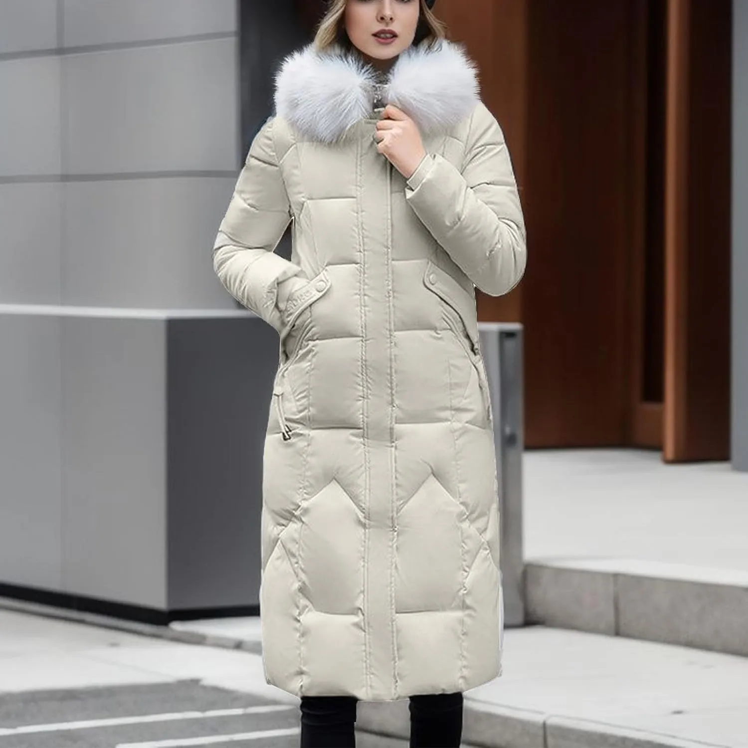 Women's Winter Coats with Fur Hood Puffer Down Jackets Parka Long Overcoat Warm Cotton Bread Jacket Quilted Outerwear