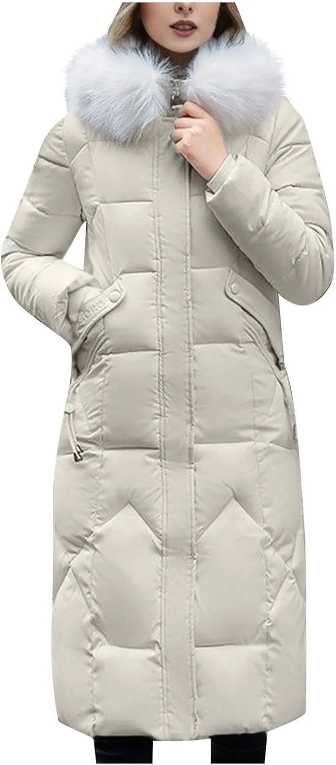 Women's Winter Coats with Fur Hood Puffer Down Jackets Parka Long Overcoat Warm Cotton Bread Jacket Quilted Outerwear