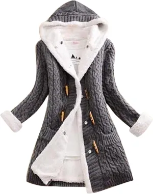 Womens Winter Fleece Liner Hooded Cardigans Button Up Cable Knit Sweater Coat Solid Classic Outerwear with Pockets