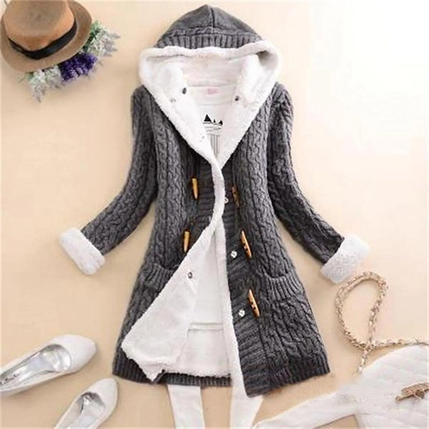 Womens Winter Fleece Liner Hooded Cardigans Button Up Cable Knit Sweater Coat Solid Classic Outerwear with Pockets