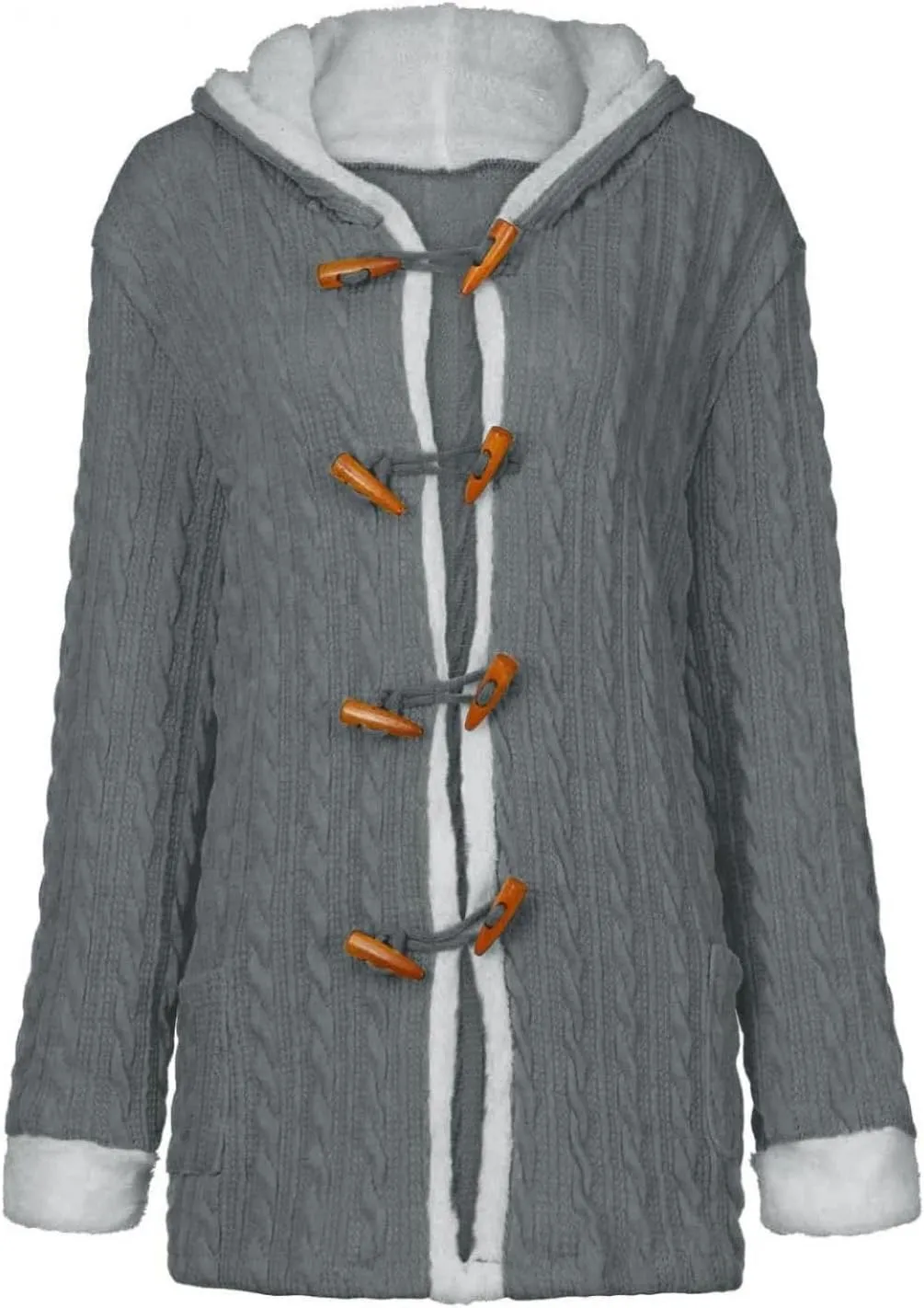 Womens Winter Fleece Liner Hooded Cardigans Button Up Cable Knit Sweater Coat Solid Classic Outerwear with Pockets