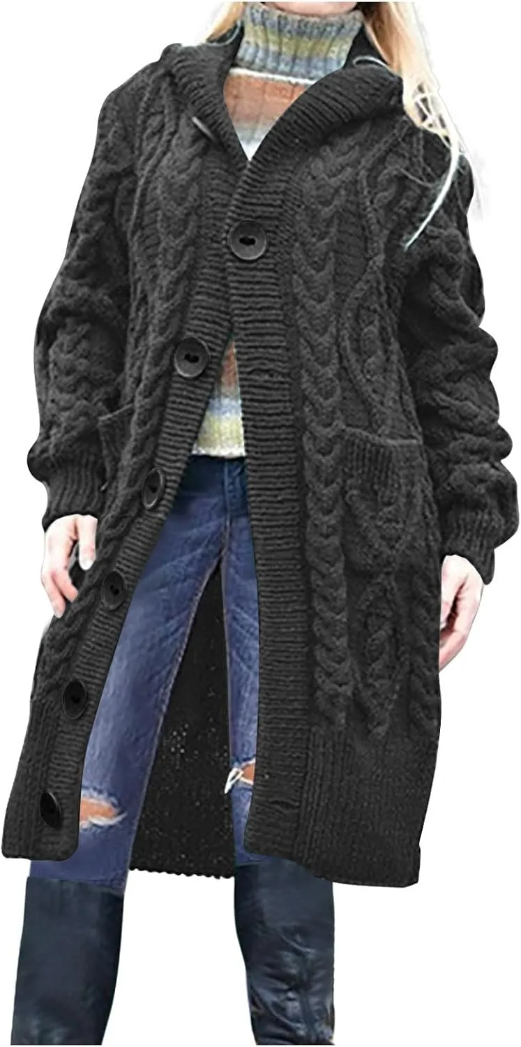 Women's Winter Open Front Chunky Knit Hoodies Sweater Long Sleeve Button Down Cardigan Casual Outwear with Pockets