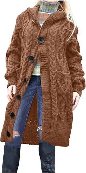 Women's Winter Open Front Chunky Knit Hoodies Sweater Long Sleeve Button Down Cardigan Casual Outwear with Pockets