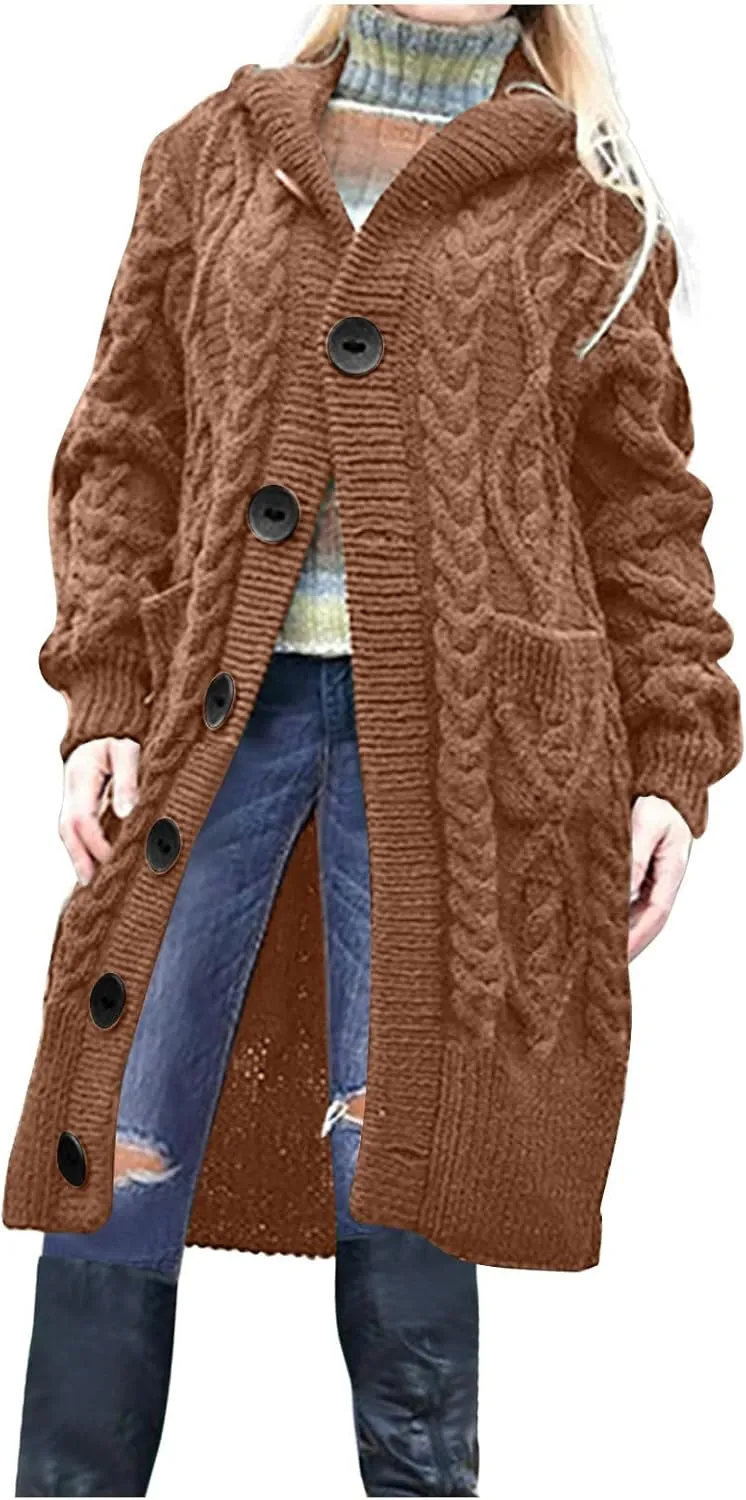 Women's Winter Open Front Chunky Knit Hoodies Sweater Long Sleeve Button Down Cardigan Casual Outwear with Pockets