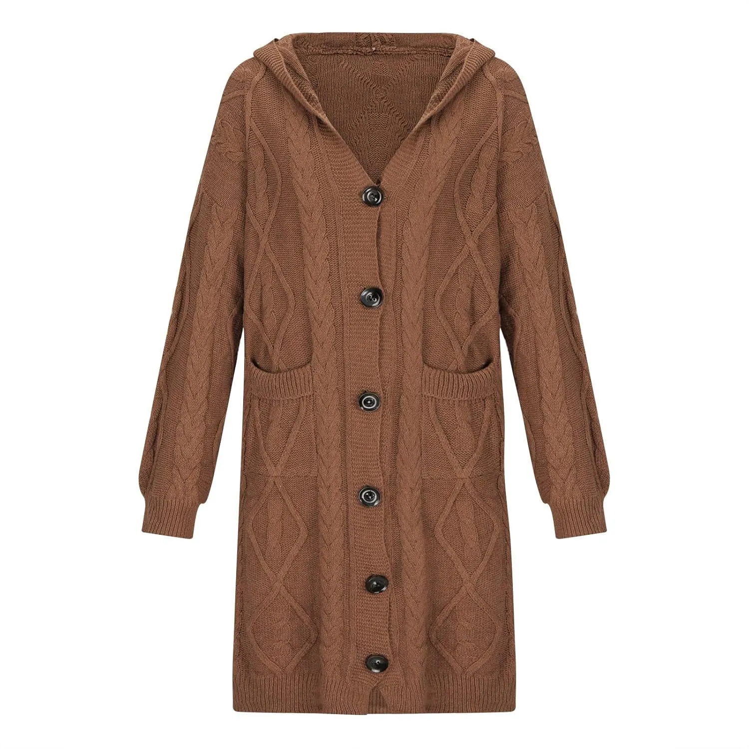 Women's Winter Open Front Chunky Knit Hoodies Sweater Long Sleeve Button Down Cardigan Casual Outwear with Pockets