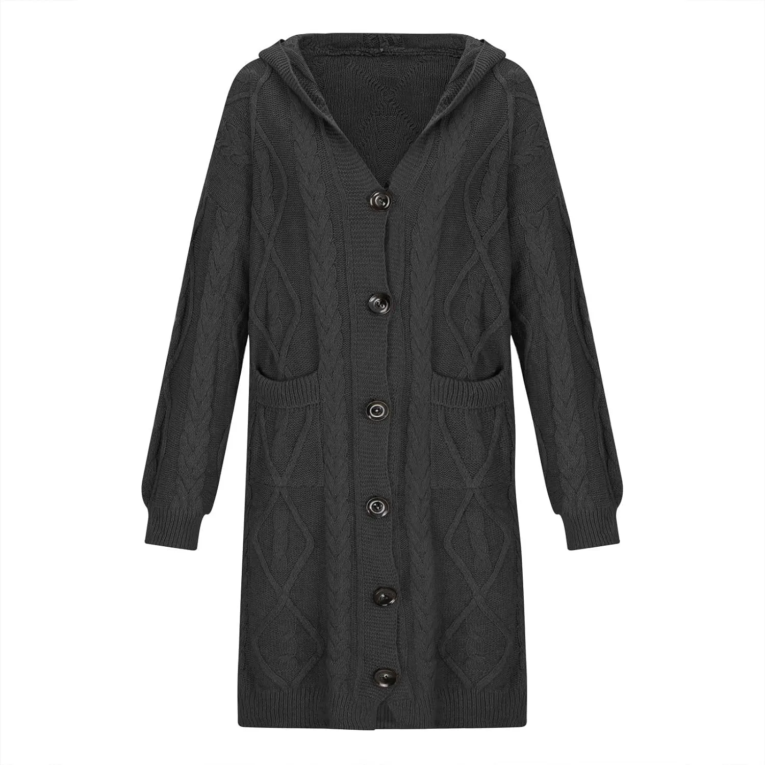 Women's Winter Open Front Chunky Knit Hoodies Sweater Long Sleeve Button Down Cardigan Casual Outwear with Pockets