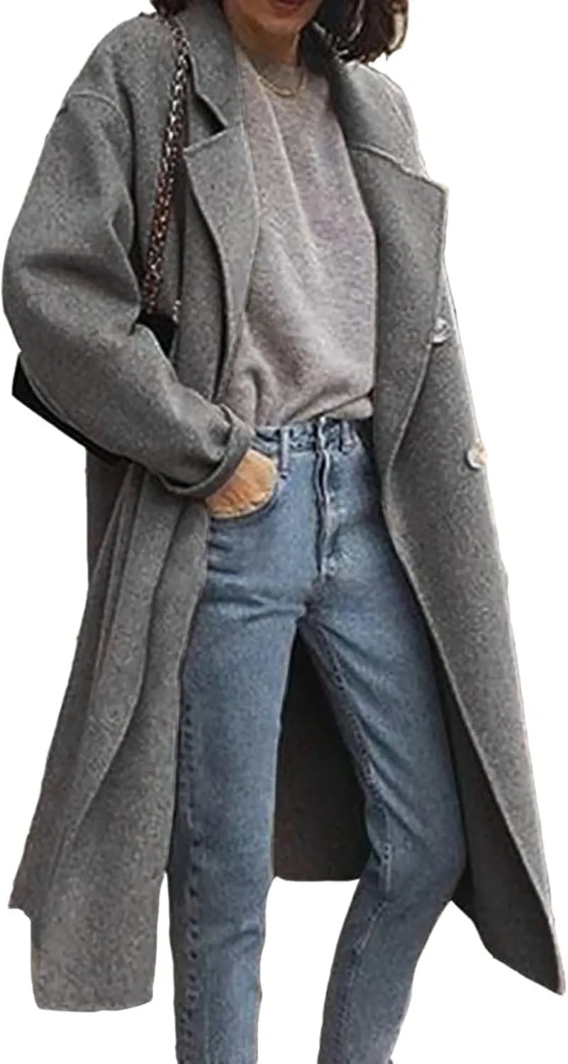 Womens Wool Blend Coat Notched Collar Double Breasted Peacoat Long Trench Overcoat Winter