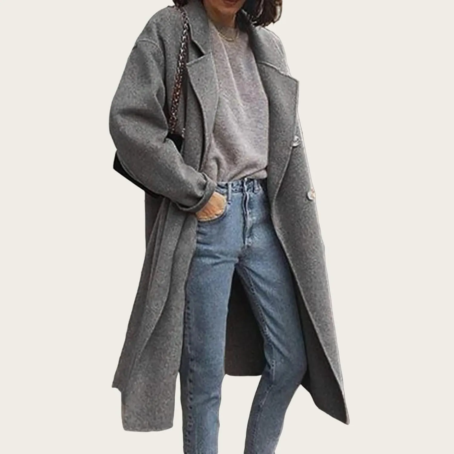 Womens Wool Blend Coat Notched Collar Double Breasted Peacoat Long Trench Overcoat Winter