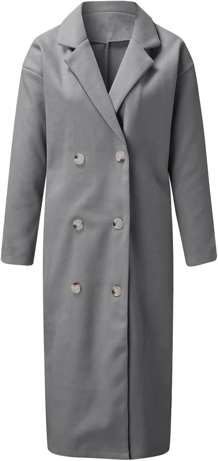Womens Wool Blend Coat Notched Collar Double Breasted Peacoat Long Trench Overcoat Winter