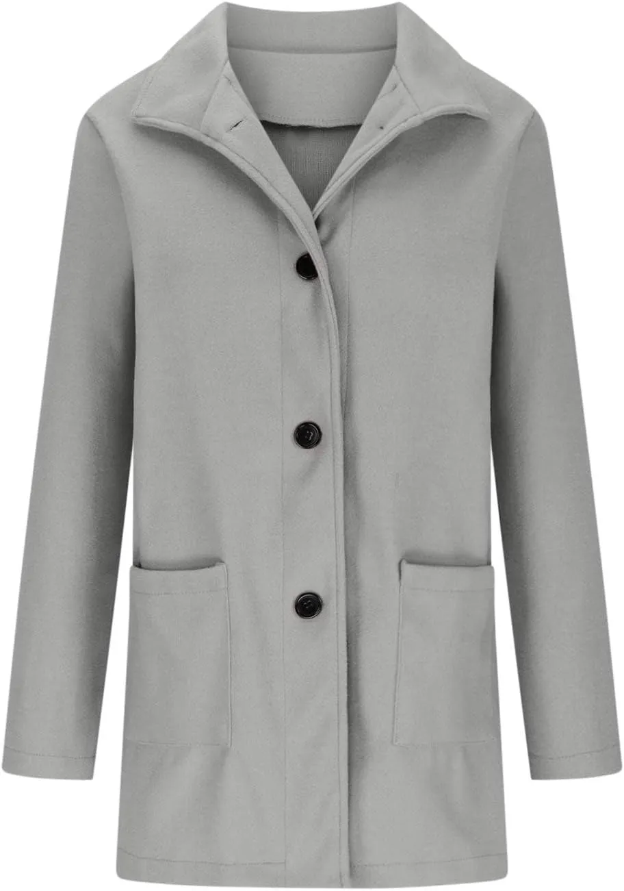 Women's Wool Blend Trench Jacket Button Pea Coat Open Front Woolen Coats Female Solid Trendy Outerwear with Pocket