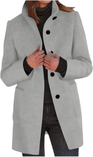 Women's Wool Blend Trench Jacket Button Pea Coat Open Front Woolen Coats Female Solid Trendy Outerwear with Pocket