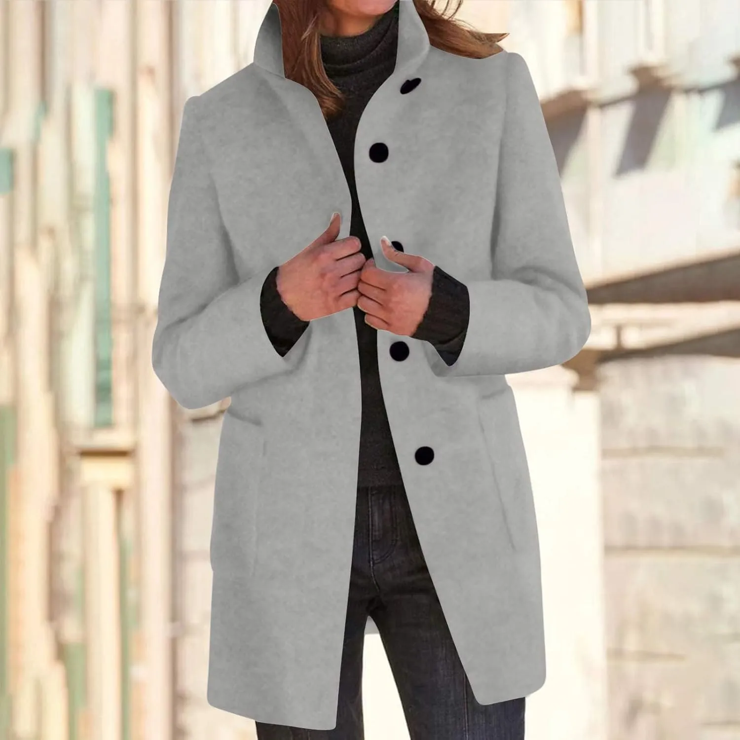 Women's Wool Blend Trench Jacket Button Pea Coat Open Front Woolen Coats Female Solid Trendy Outerwear with Pocket
