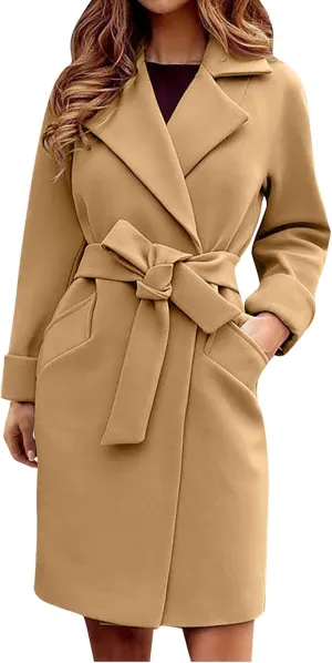 WomenS Wool Blend Winter Coats Double Breasted Notch Lapel Trench Coat Thicken Warm Overcoat Jackets with Belts