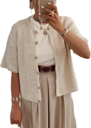 Women's Y2K Summer Button Down Sweater Cardigans Shirts Short Sleeve Knitted Blouse Top Going Out Cropped Knit Tops