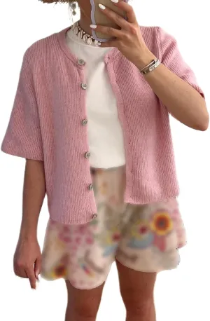 Women's Y2K Summer Button Down Sweater Cardigans Shirts Short Sleeve Knitted Blouse Top Going Out Cropped Knit Tops