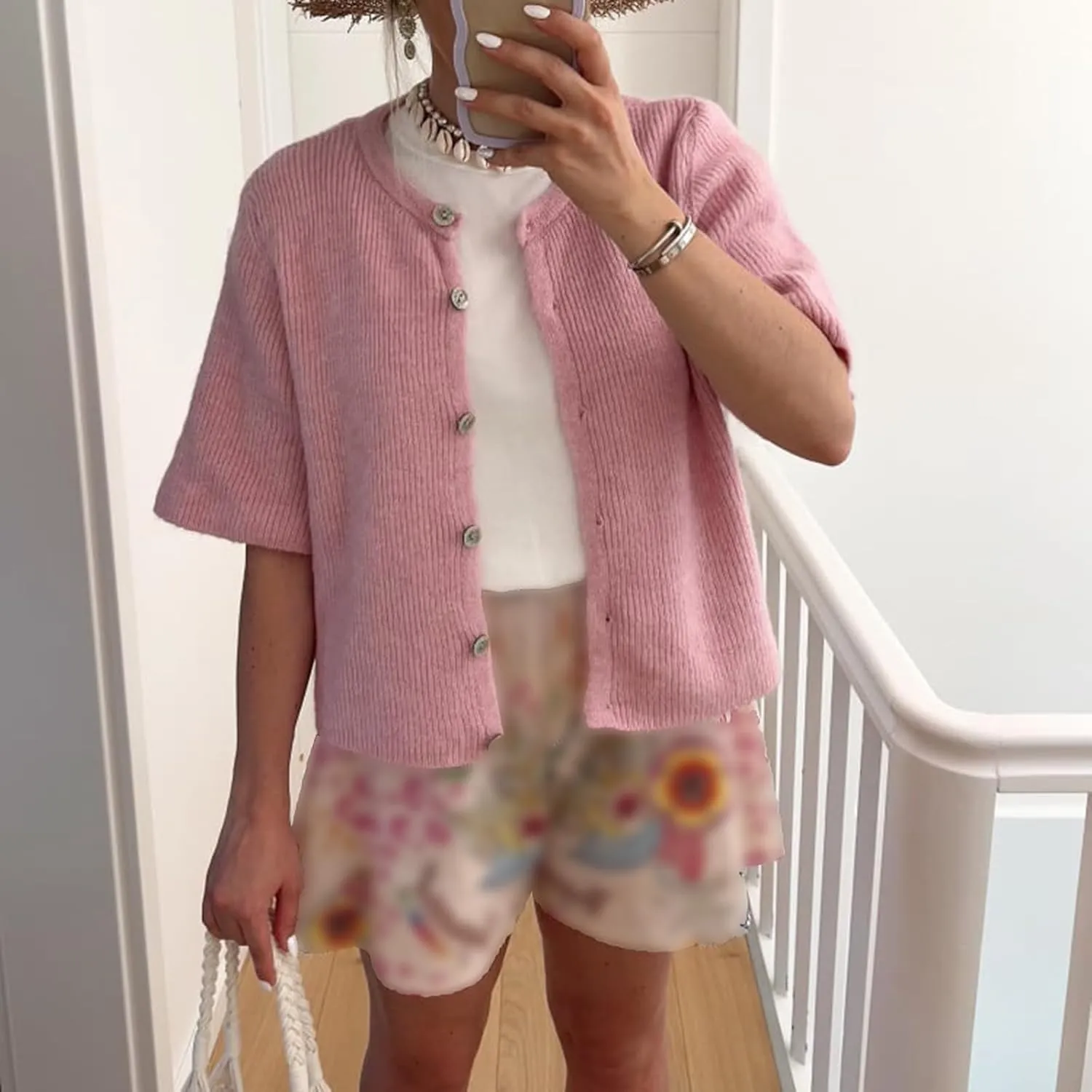 Women's Y2K Summer Button Down Sweater Cardigans Shirts Short Sleeve Knitted Blouse Top Going Out Cropped Knit Tops