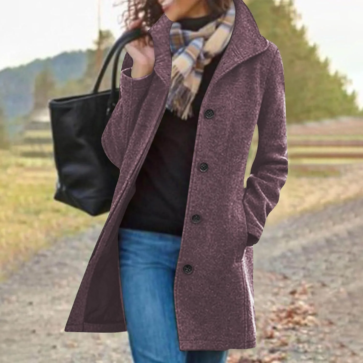 Wool Blend Coat for Women 2024 Single Breasted Peacoat Plus Size Trench Coats Tops Long Winter Cardigan with Pockets