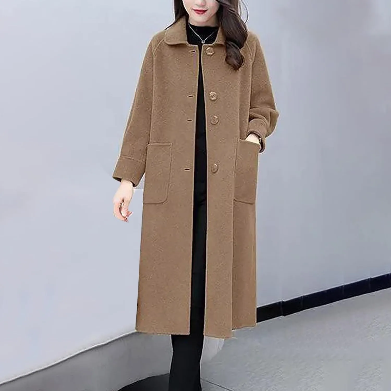 Wool Blend Overcoat Women Long Lapel Jacket Oversized Casual Jacket thick Winter Peacoat Warm Cardigan with Pockets