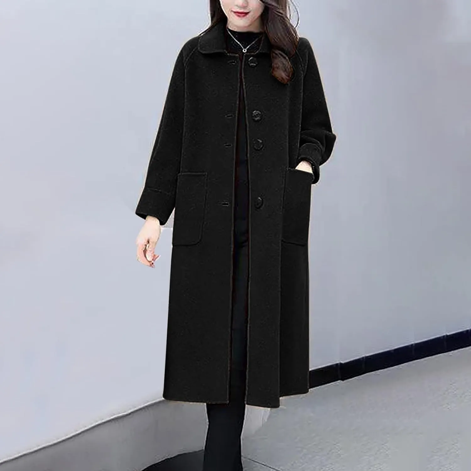 Wool Blend Overcoat Women Long Lapel Jacket Oversized Casual Jacket thick Winter Peacoat Warm Cardigan with Pockets