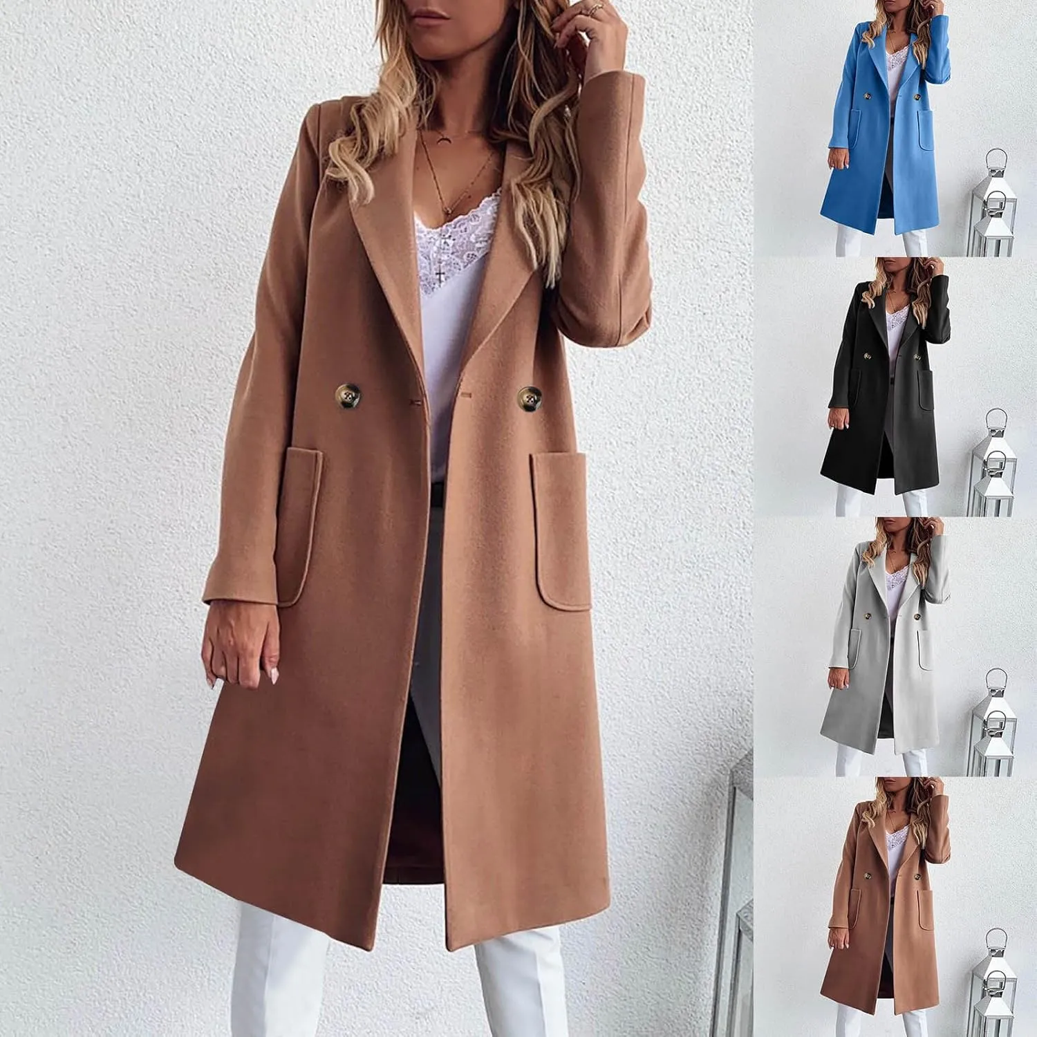 Wool Coats for Women Plus Size Double Breasted Overcoat Casual Double Lapel Pea Coats Winter Jackets with Pockets