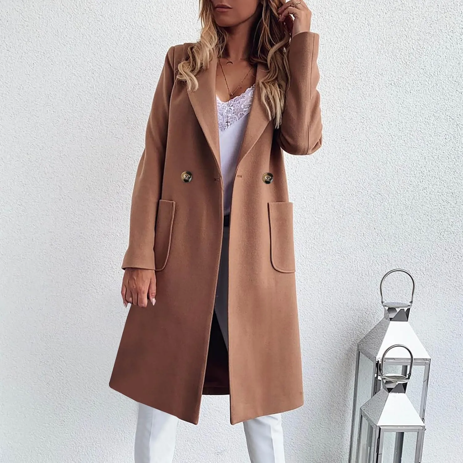 Wool Coats for Women Plus Size Double Breasted Overcoat Casual Double Lapel Pea Coats Winter Jackets with Pockets