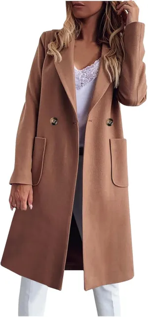 Wool Coats for Women Plus Size Double Breasted Overcoat Casual Double Lapel Pea Coats Winter Jackets with Pockets