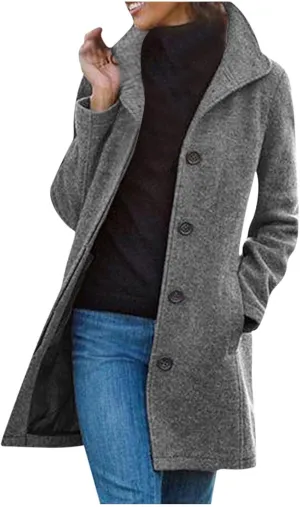 Wool Coats for Women Winter Thicken Wool Blend Pea Coat Stand Collar Single Breasted Casual Trench Coat Overcoat