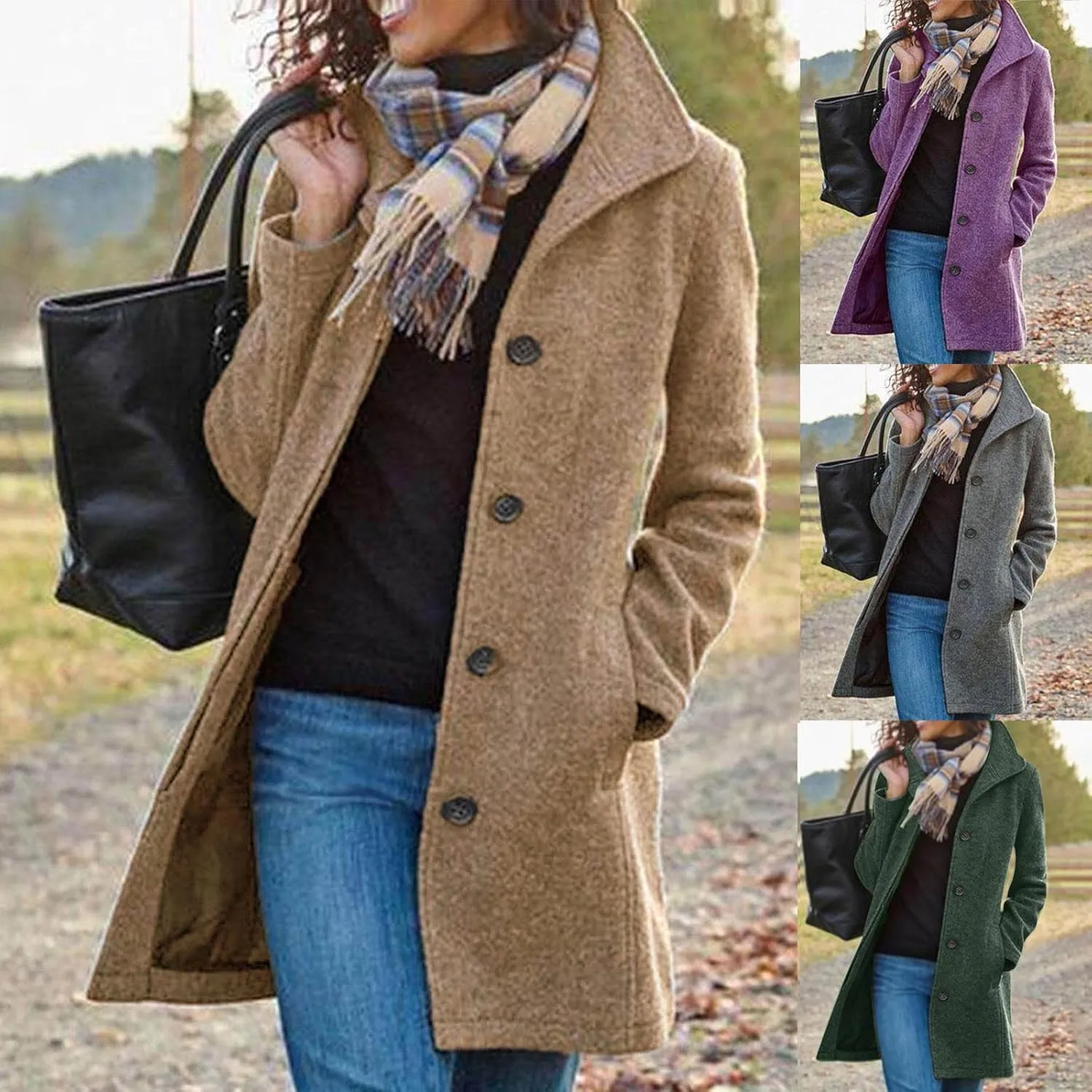 Wool Coats for Women Winter Thicken Wool Blend Pea Coat Stand Collar Single Breasted Casual Trench Coat Overcoat