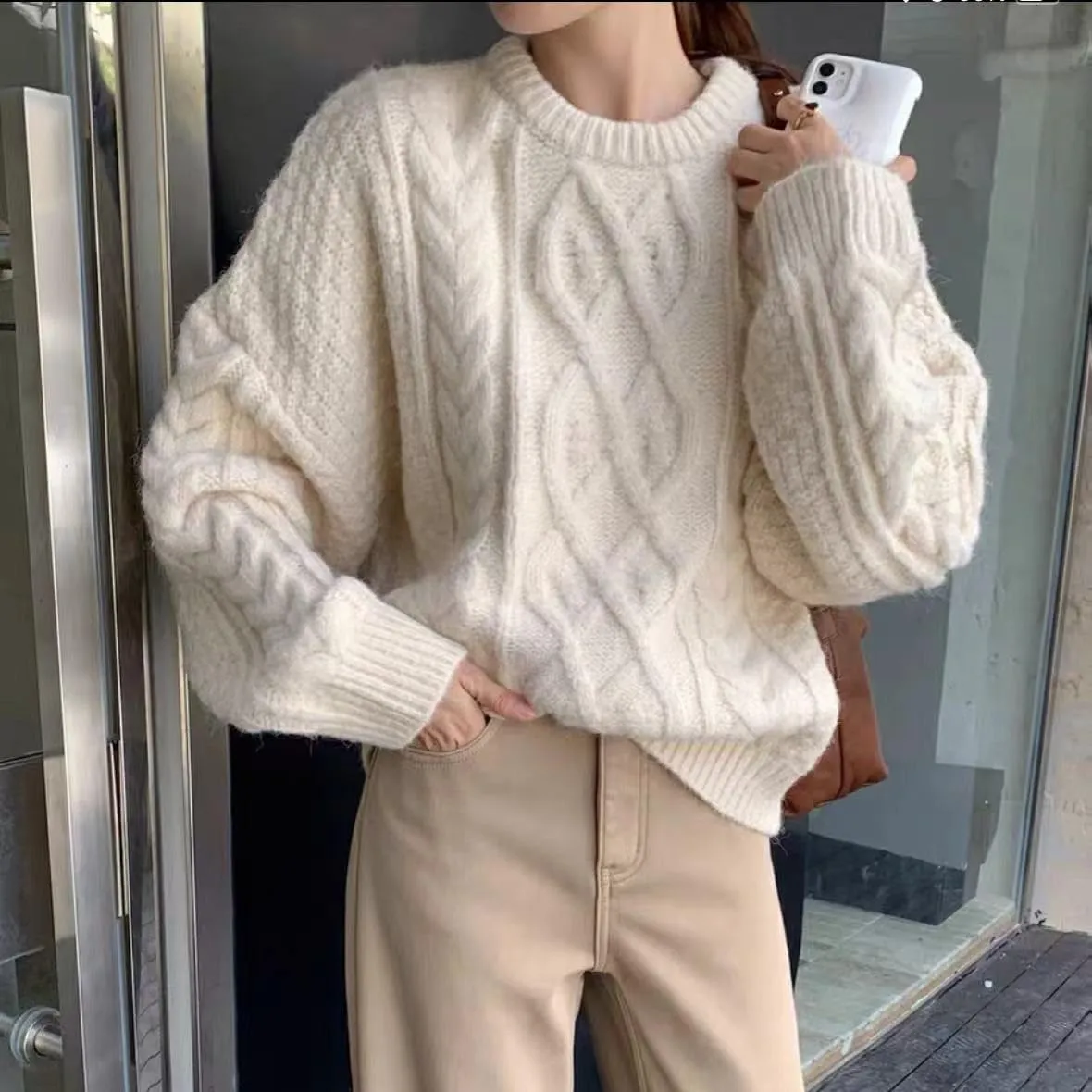 XPONNI Cable Knit Sweater Chunky Sweater Women Oversized Sweaters Y2k Long Sleeve Pullover Winter Fall Sweater Trendy 2024