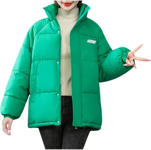 XUNRYAN Women Quilted Lightweight Puffer Jackets Winter Warm Down Coats Long Sleeve Shaggy Parkas Cropped Coats Outerwear
