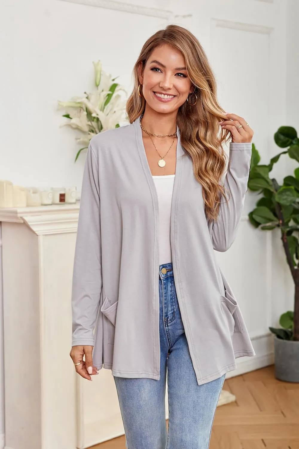 Yekaty Womens Lightweight Cardigans Open Front Long Sleeve Drape Kimono Cardigan Sweaters with Pockets