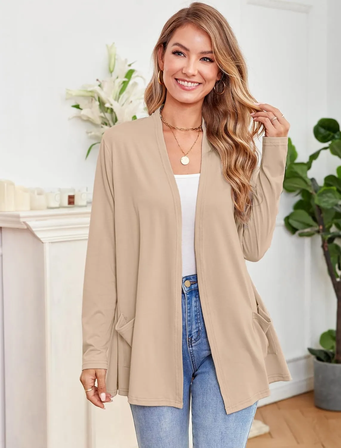 Yekaty Womens Lightweight Cardigans Open Front Long Sleeve Drape Kimono Cardigan Sweaters with Pockets
