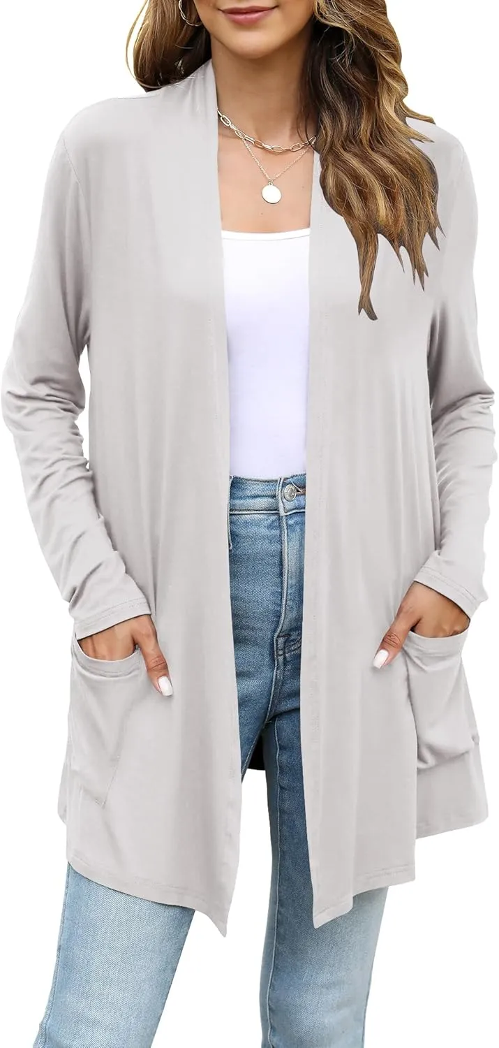 Yekaty Womens Lightweight Cardigans Open Front Long Sleeve Drape Kimono Cardigan Sweaters with Pockets